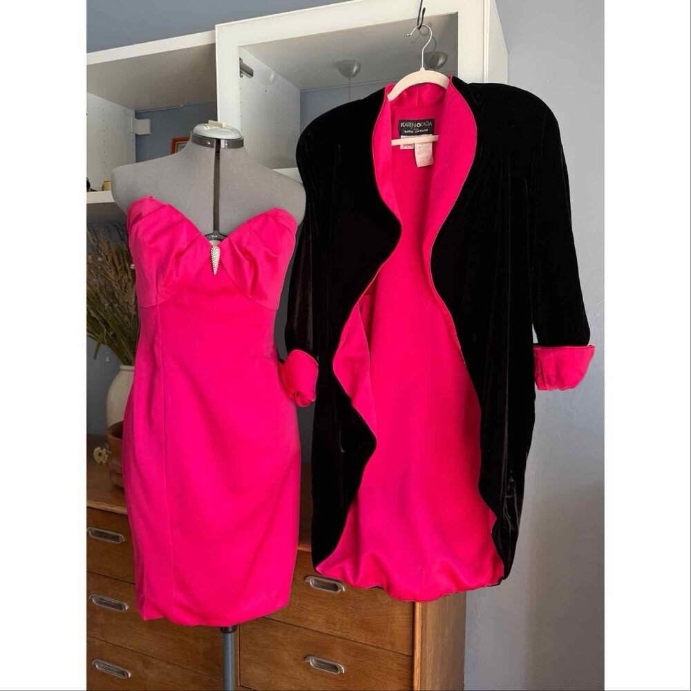 Vtg Karen Okada David Howard Pink Cocktail Dress & Velvet Waterfall Jacket